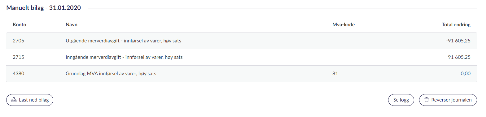 Her er et eksempel på hvordan journalen for tolldeklarasjonen ser ut